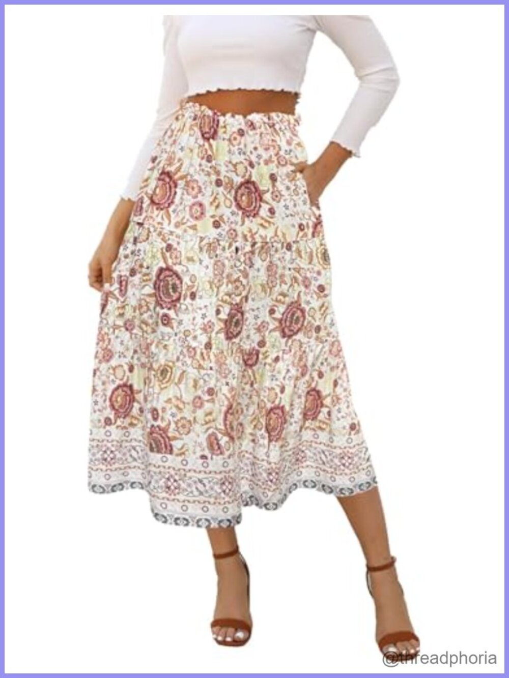 Pleated A-Line Midi Skirt with Pockets High Elastic Waisted Casual